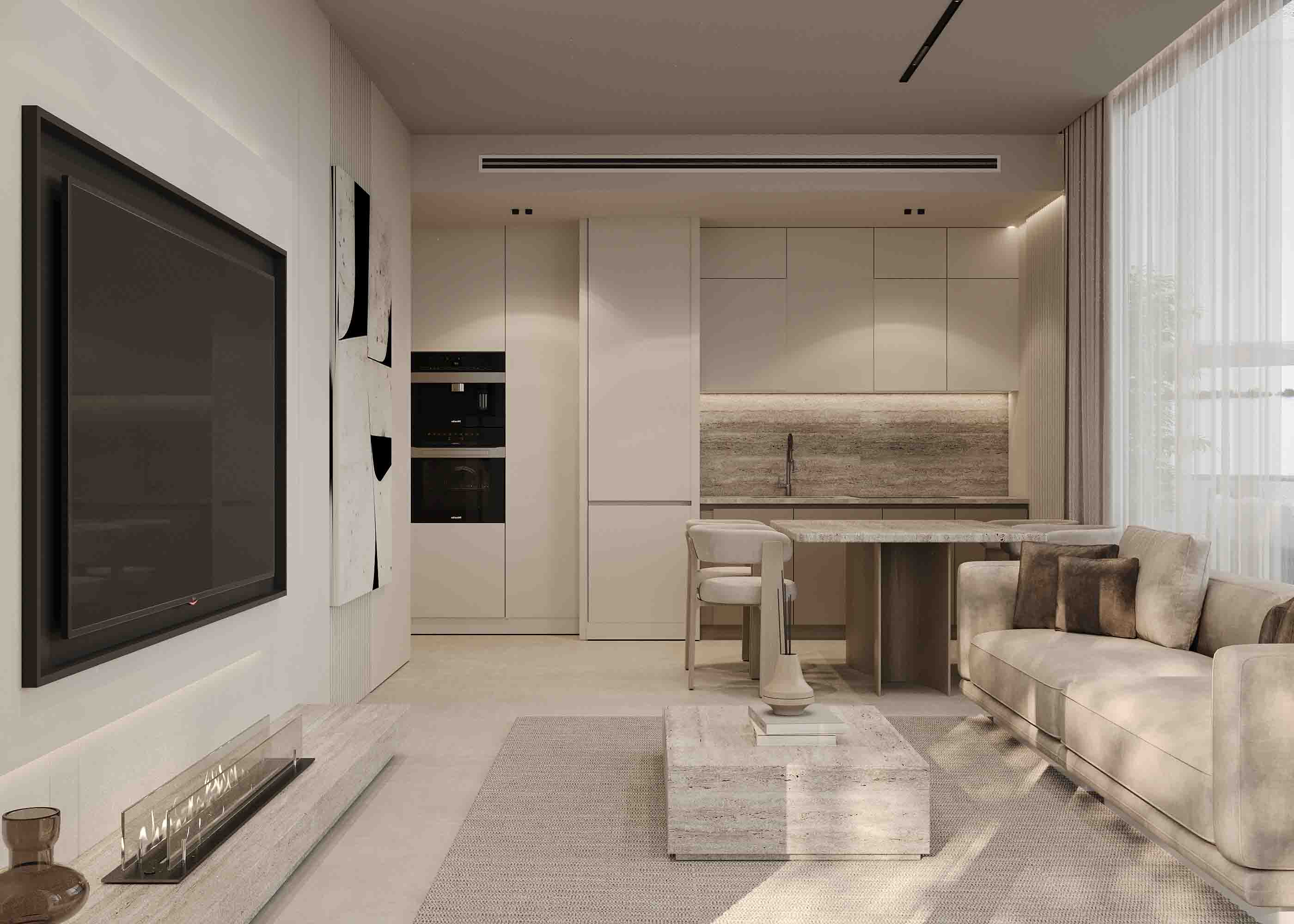 Open-plan living room with integrated kitchen, stone fireplace and contemporary neutral décor.