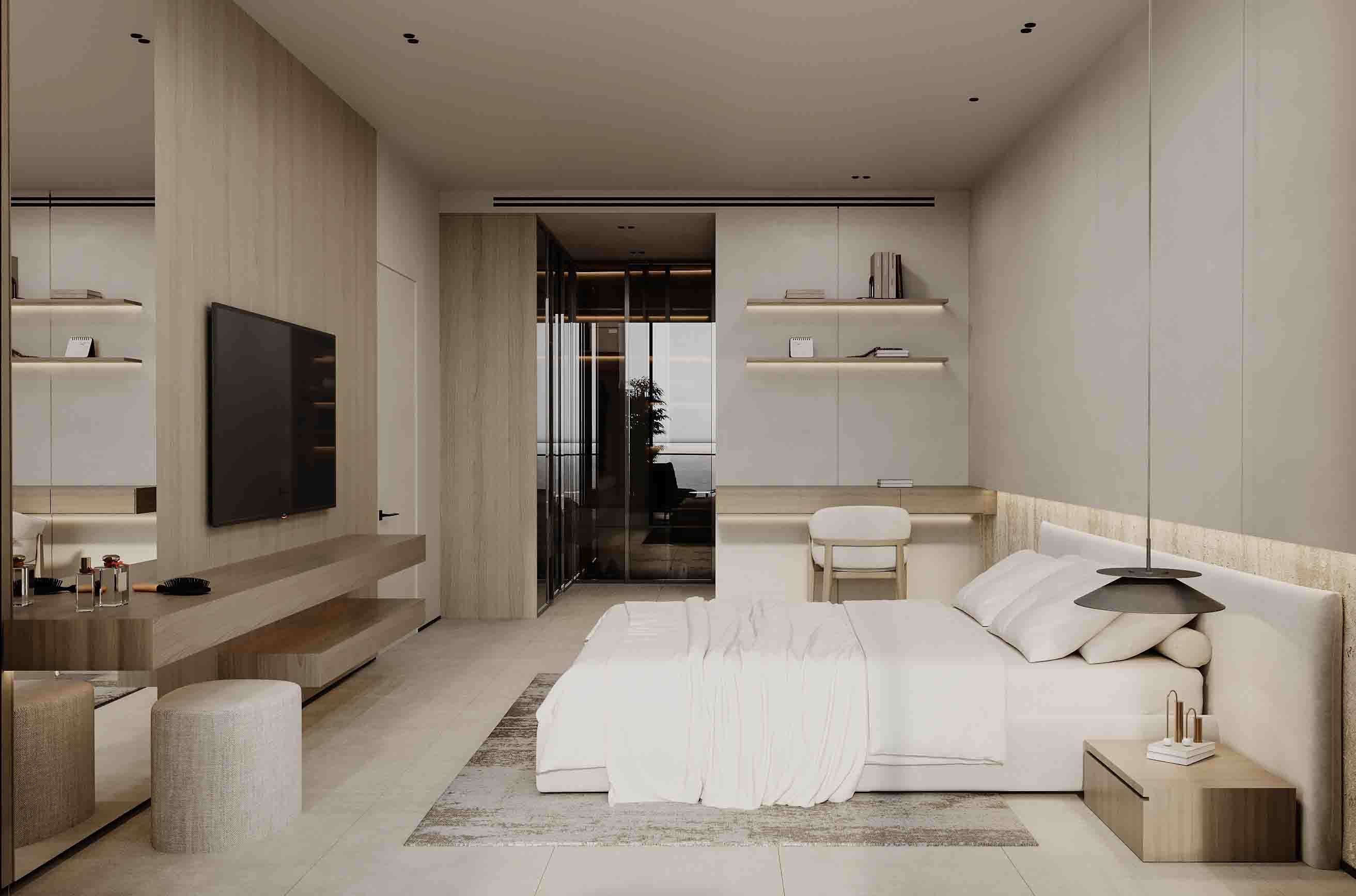 Contemporary bedroom featuring wall-mounted TV, long desk and soft neutral finishes.