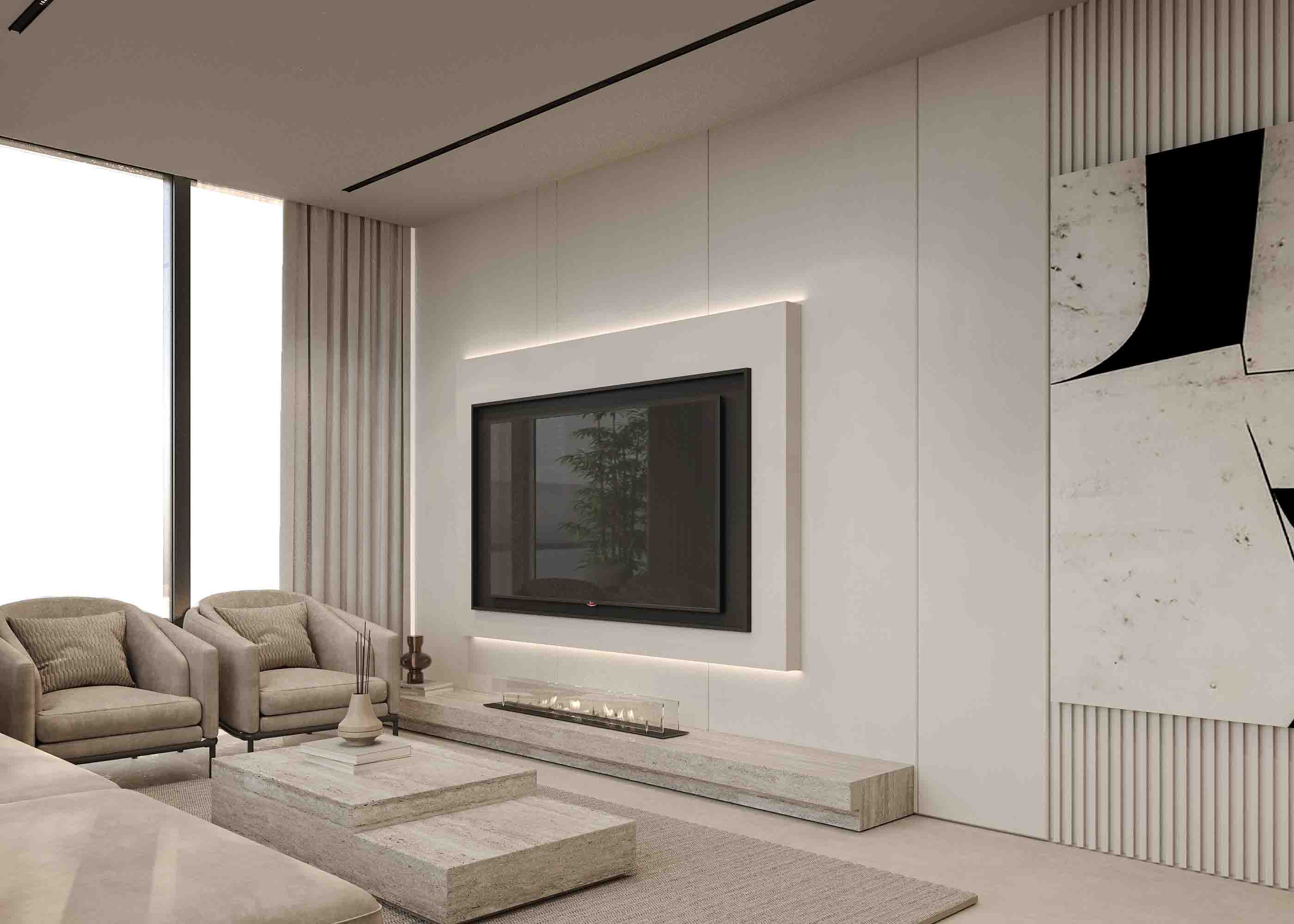 Cozy living room with linear fireplace, wall-mounted TV and sculptural coffee table.