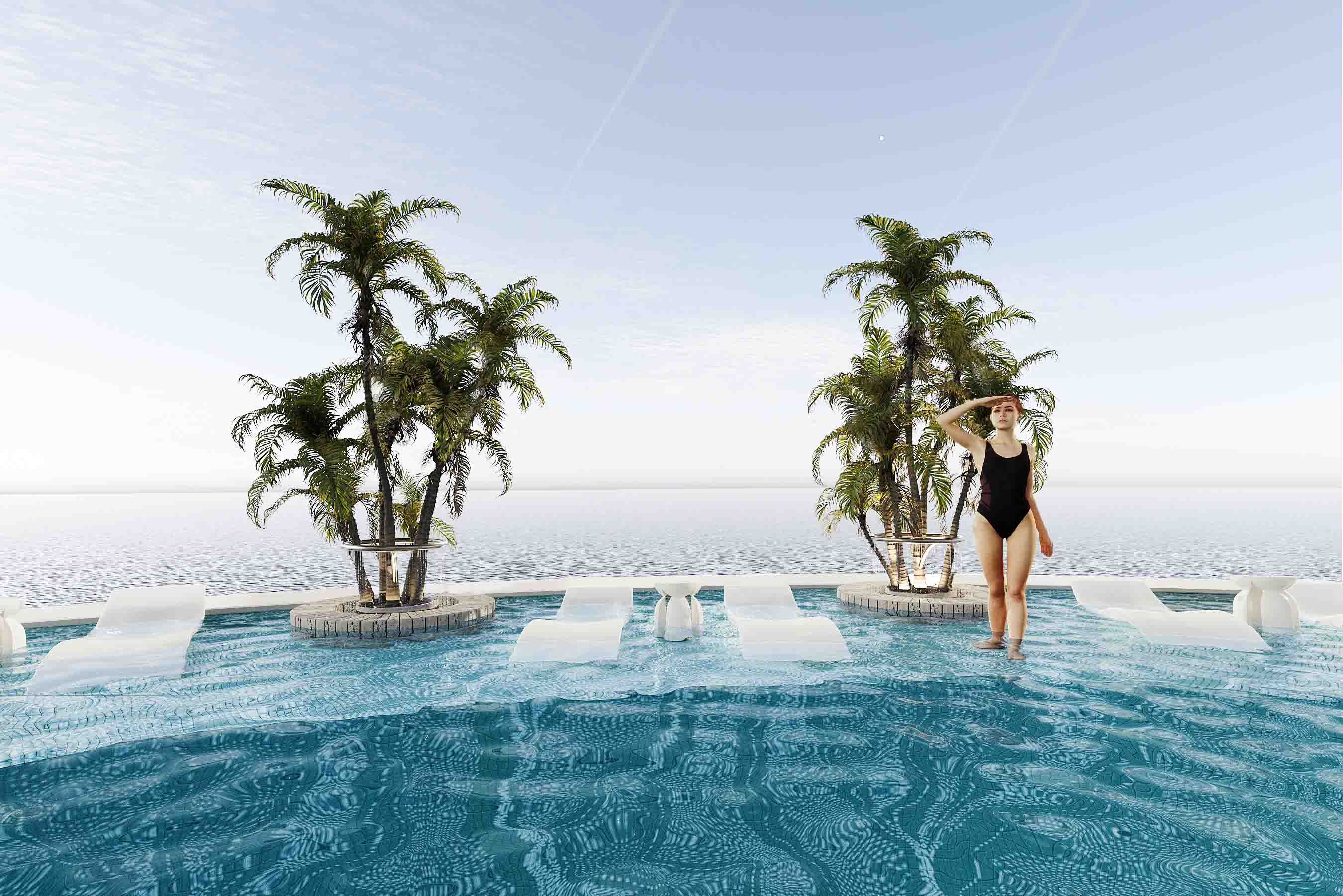 Rooftop pool scene with palm islands, in-water loungers and a guest enjoying the panoramic sea view.