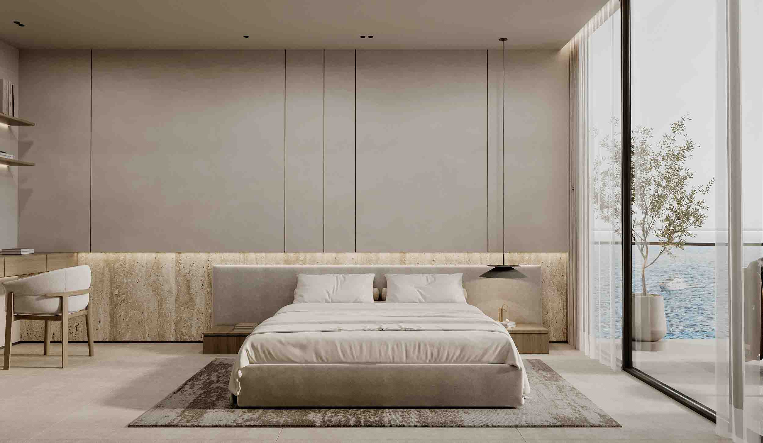 Serene master bedroom in soft neutral tones with full-height windows and open sea views.