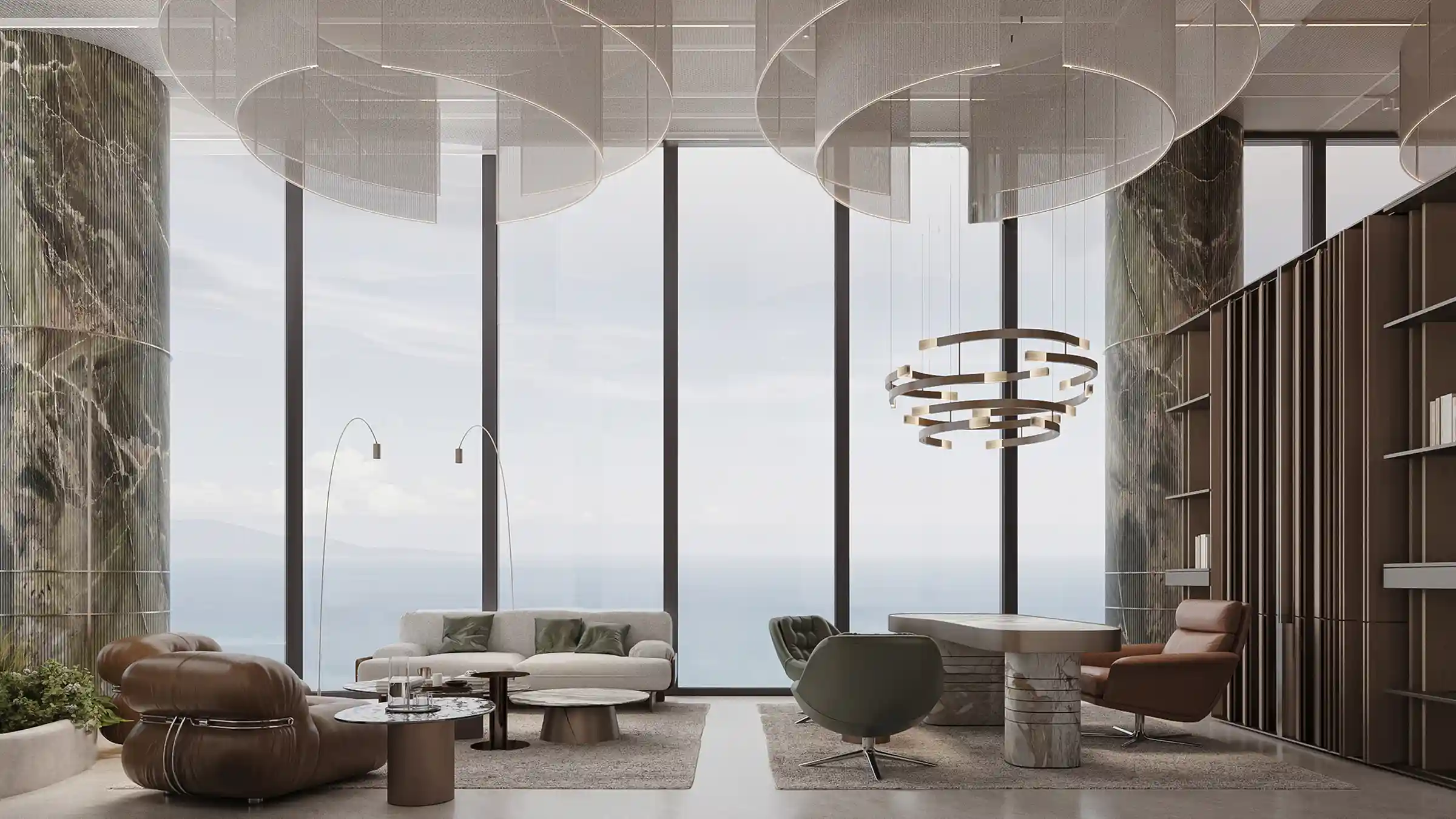 A refined reading and meeting lounge with towering windows, marble accents, and panoramic sea views.