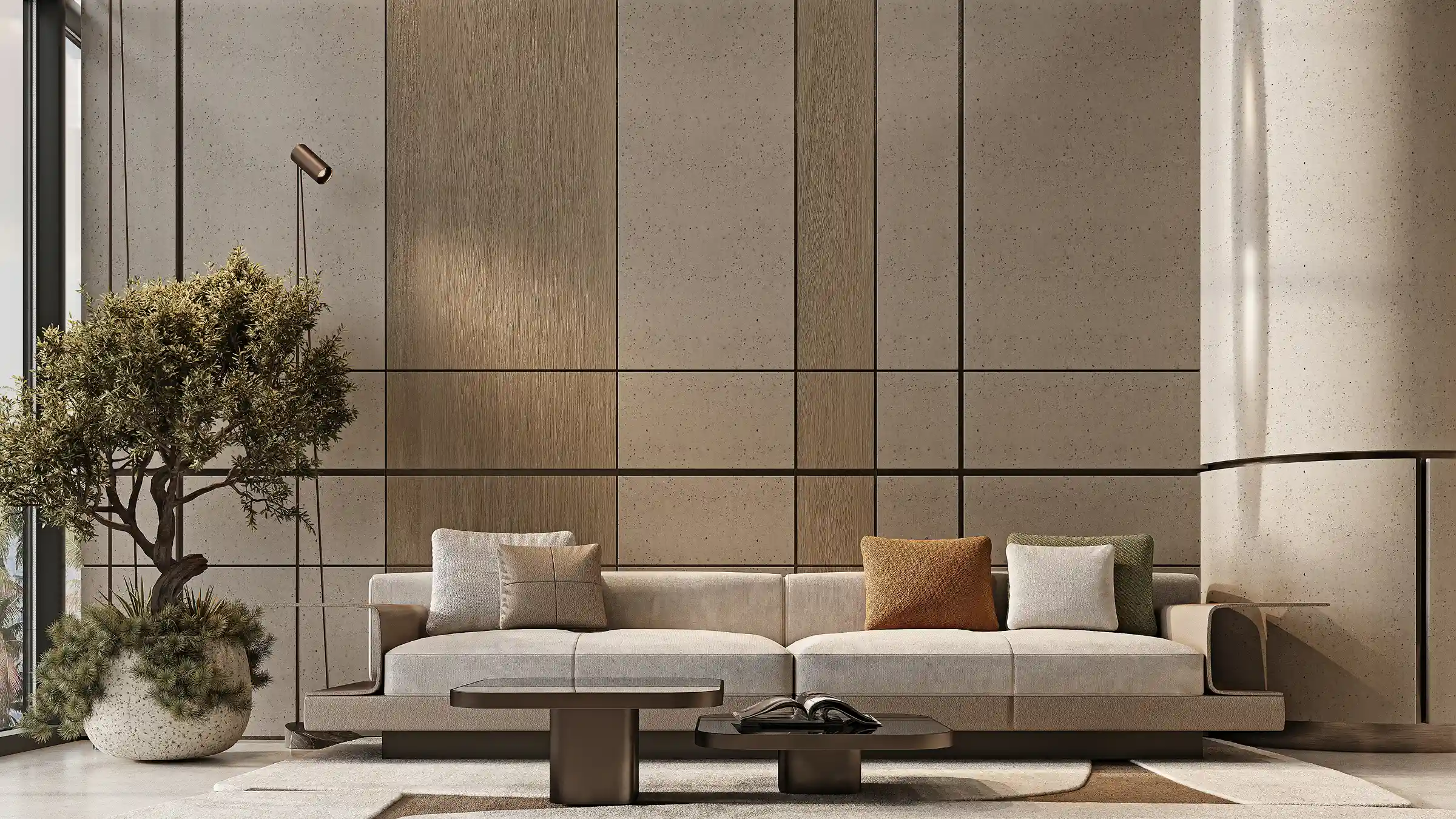 A warm and minimalist lounge corner featuring a neutral-toned sofa, soft lighting, and natural textures.