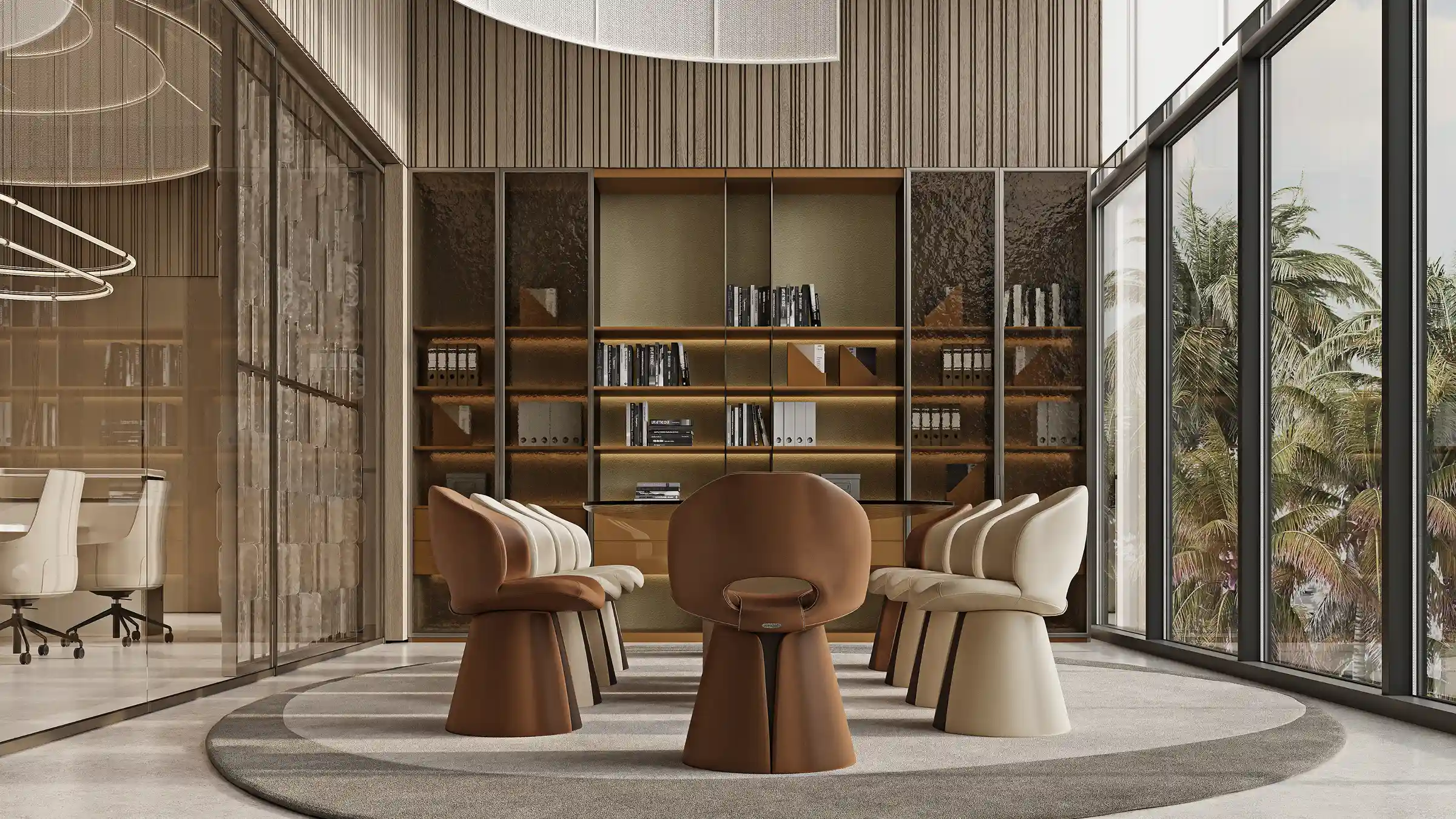 A sophisticated study room with contemporary seating, floor-to-ceiling bookshelves, and serene garden views.