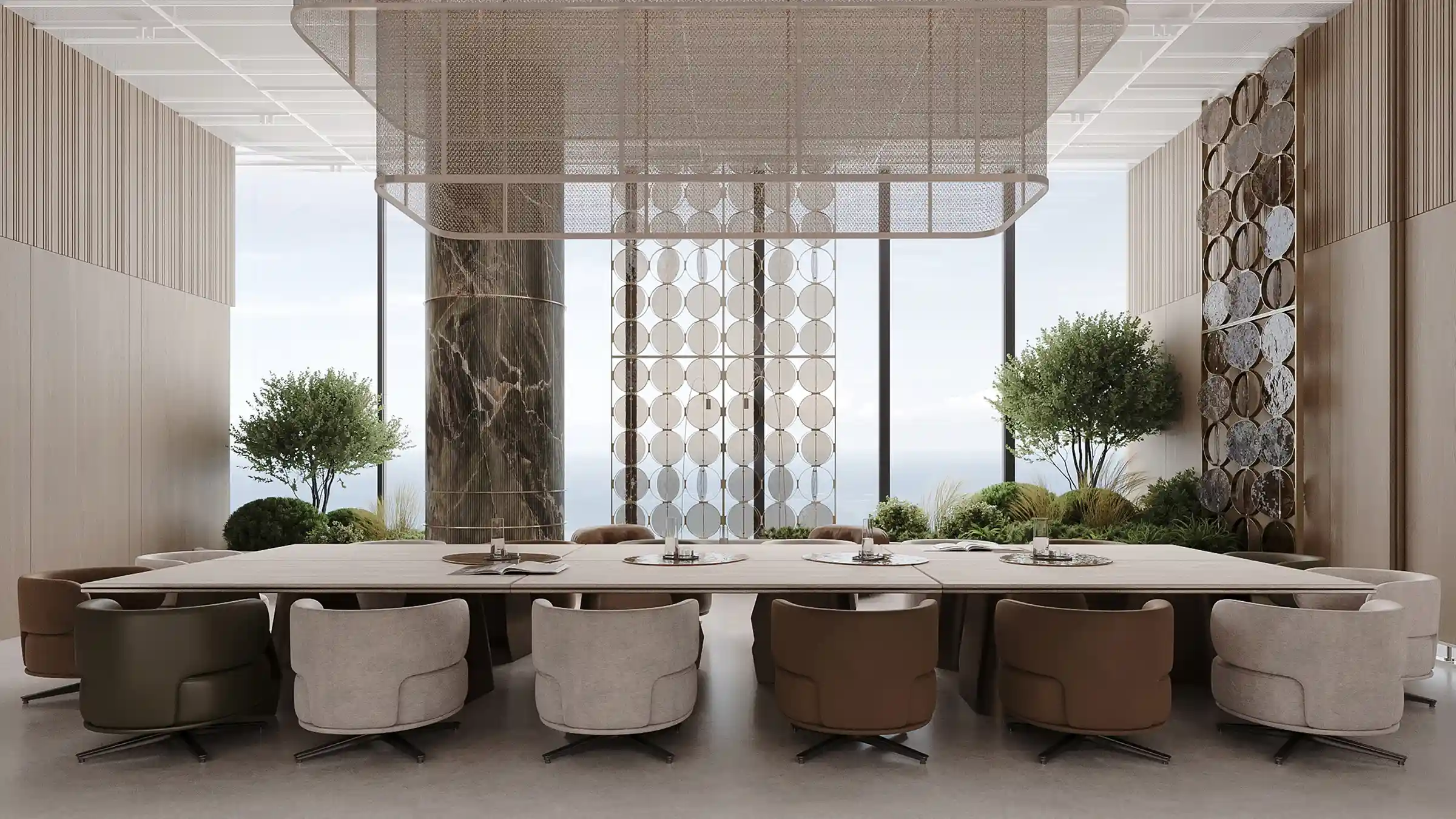 An elegant conference room blending natural stone, sculptural lighting, and lush indoor greenery.