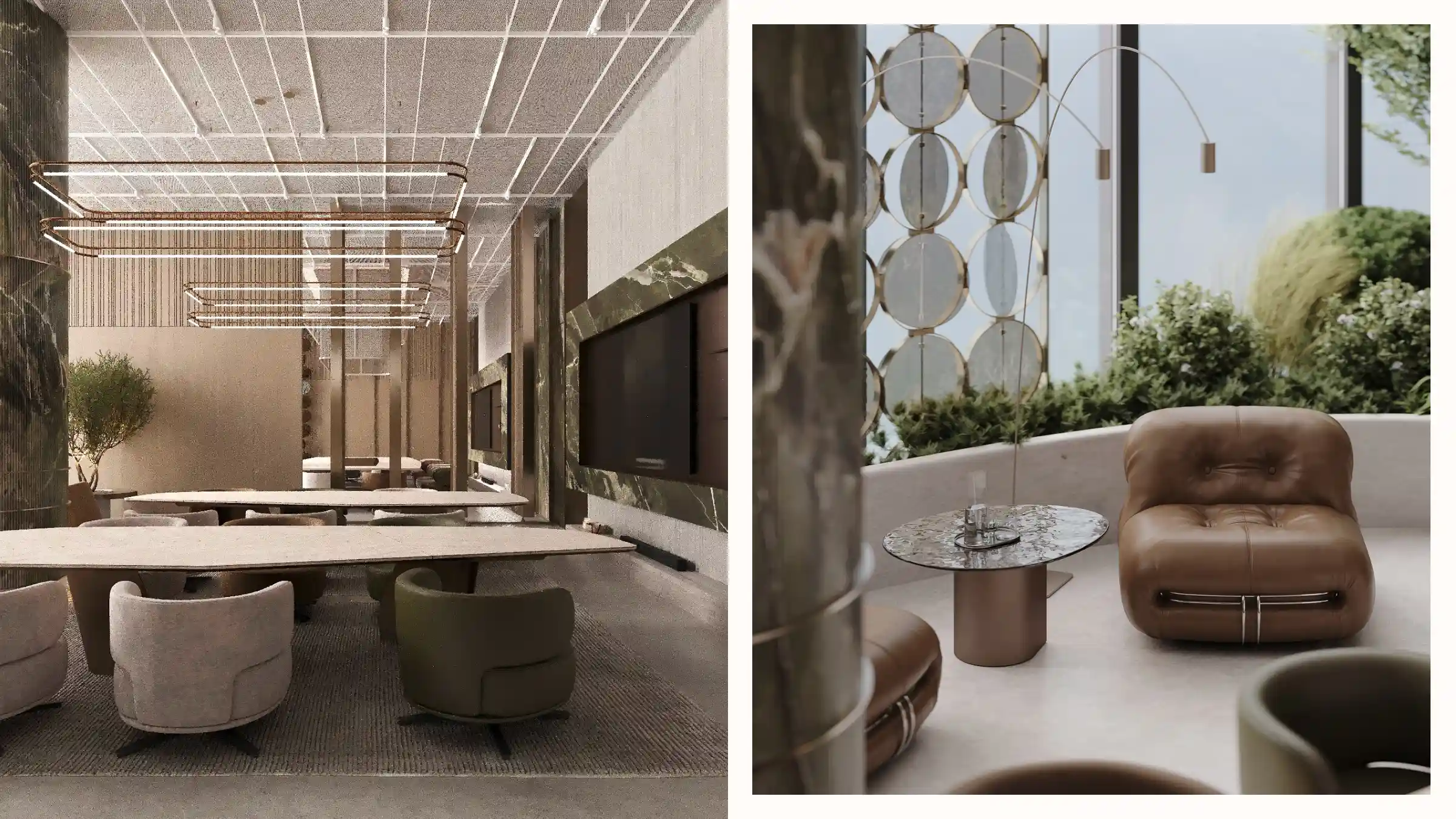 A stylish blend of meeting spaces and lounge seating, combining modern textures with calm natural elements.