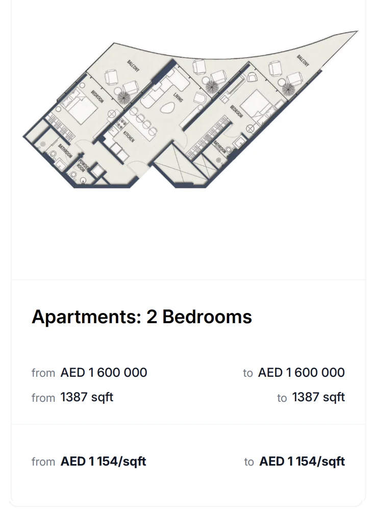 2 Bedrooms layout – From AED 1,600,000 – 1,387 sqft – AED 1,154/sqft