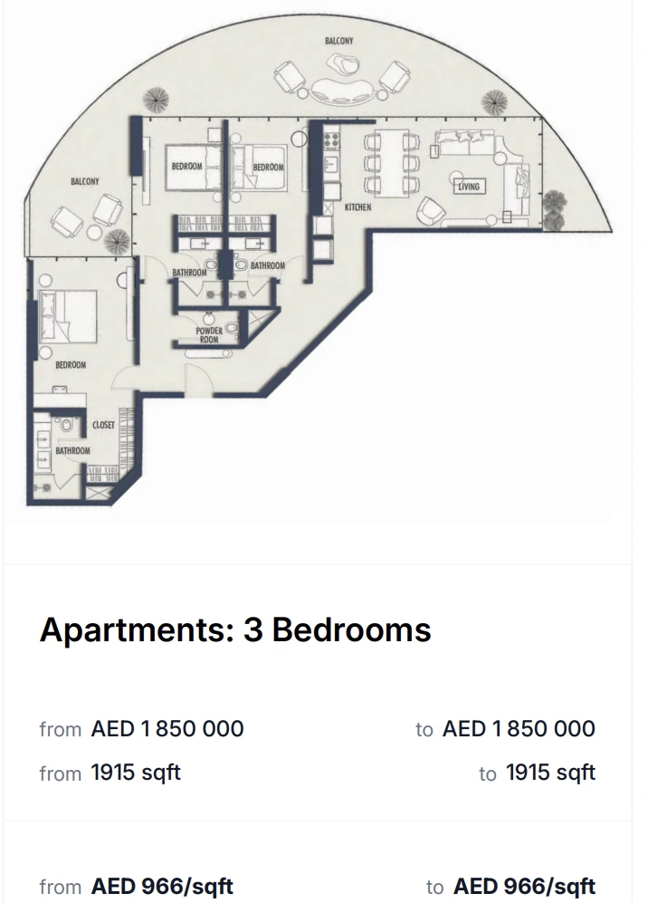 3 Bedrooms layout – From AED 1,850,000 – 1,915 sqft – AED 966/sqft