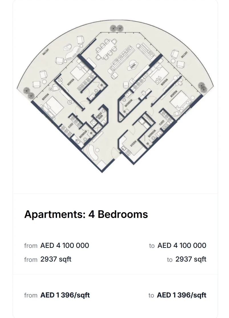 4 Bedrooms layout – From AED 4,100,000 – 2,937 sqft – AED 1,396/sqft