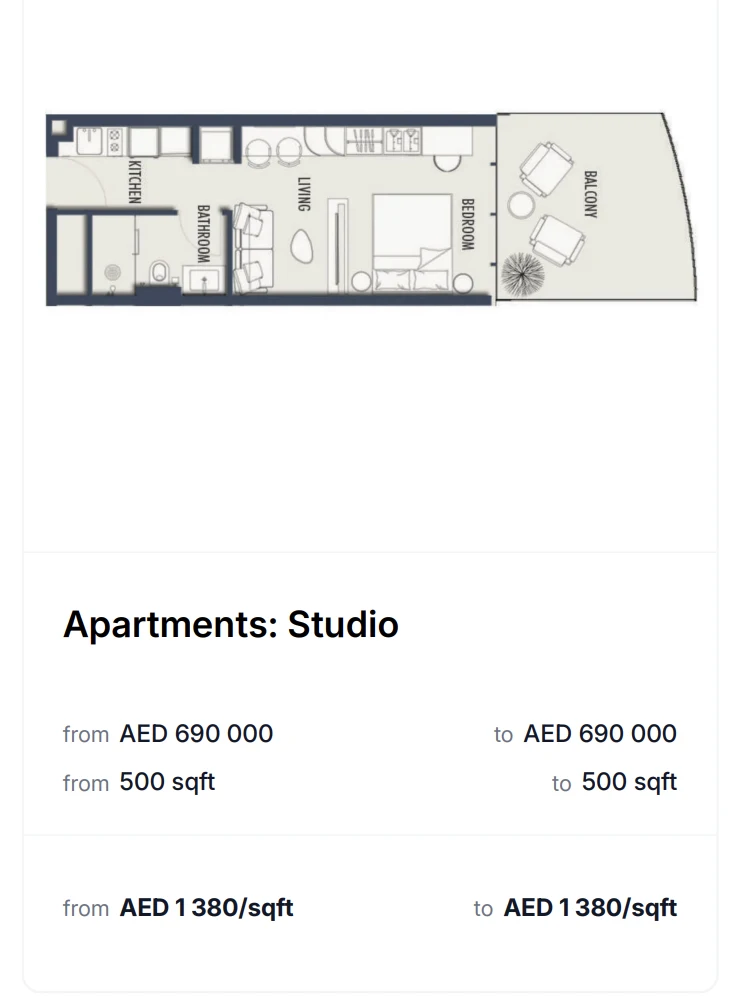 Studio layout – From AED 690,000 – 500 sqft – AED 1,380/sqft