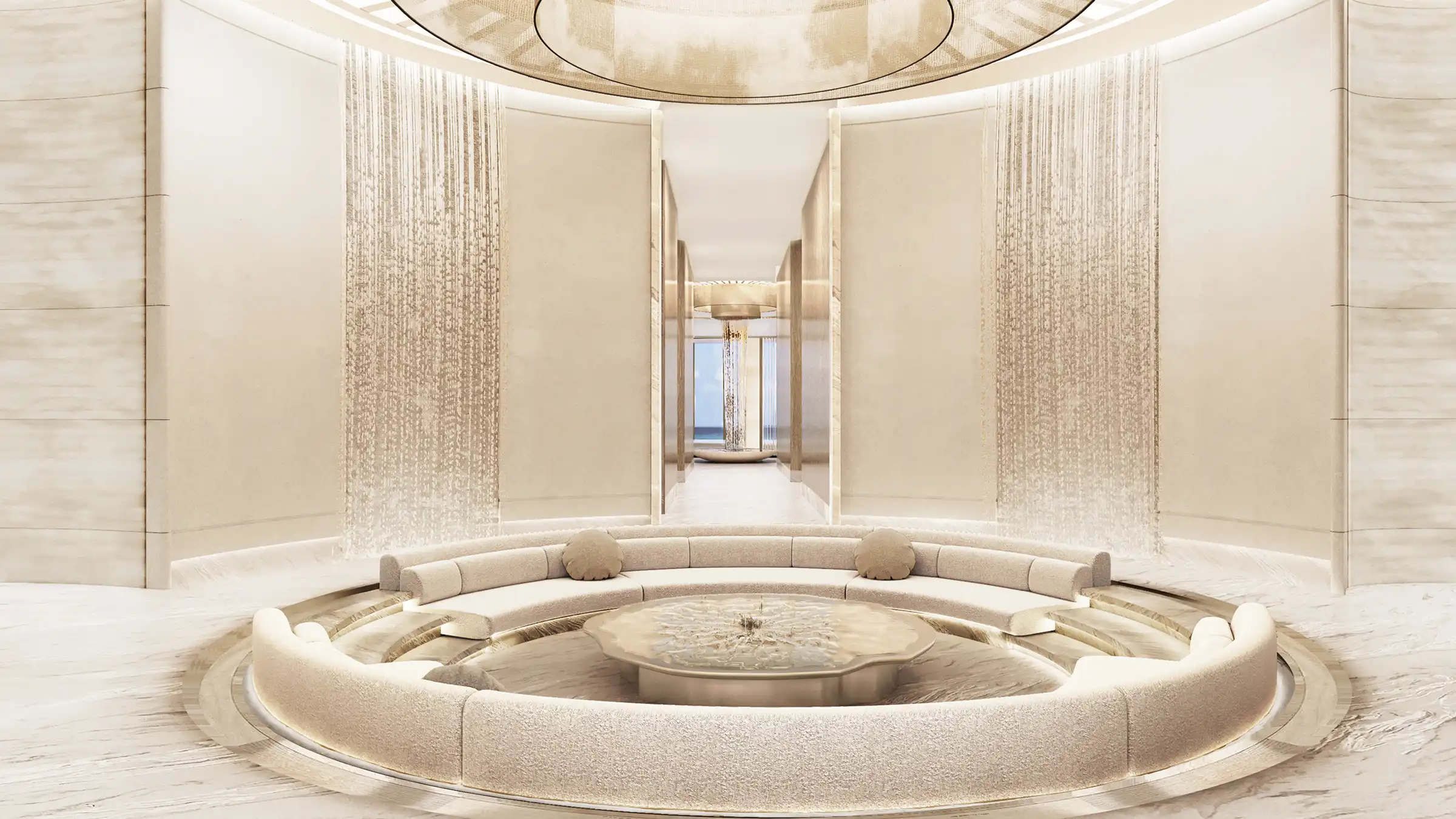 A serene thermal spa with soft curves, warm lighting, and onyx-lit relaxation rooms.