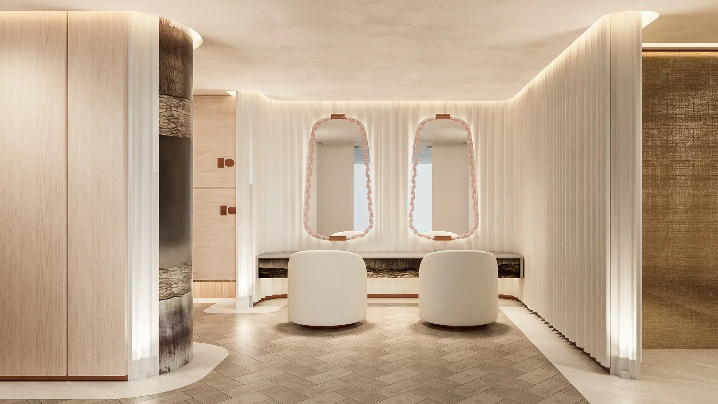 A refined beauty room with sculpted mirrors, soft seating, and gentle neutral tones.