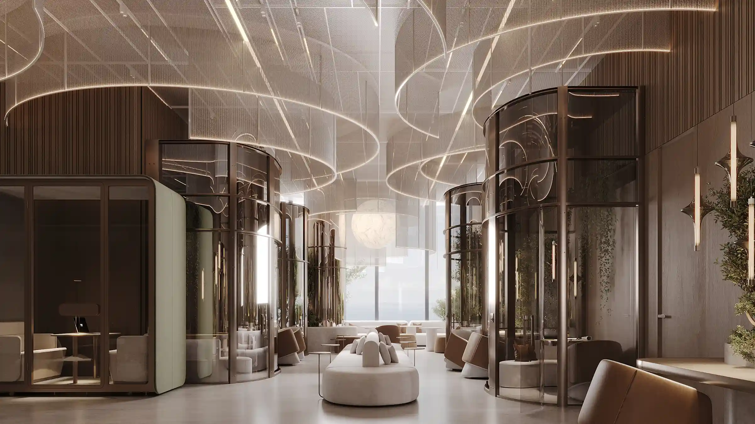 A sophisticated co-working lounge with sculptural lighting, private pods, and a warm, modern aesthetic.