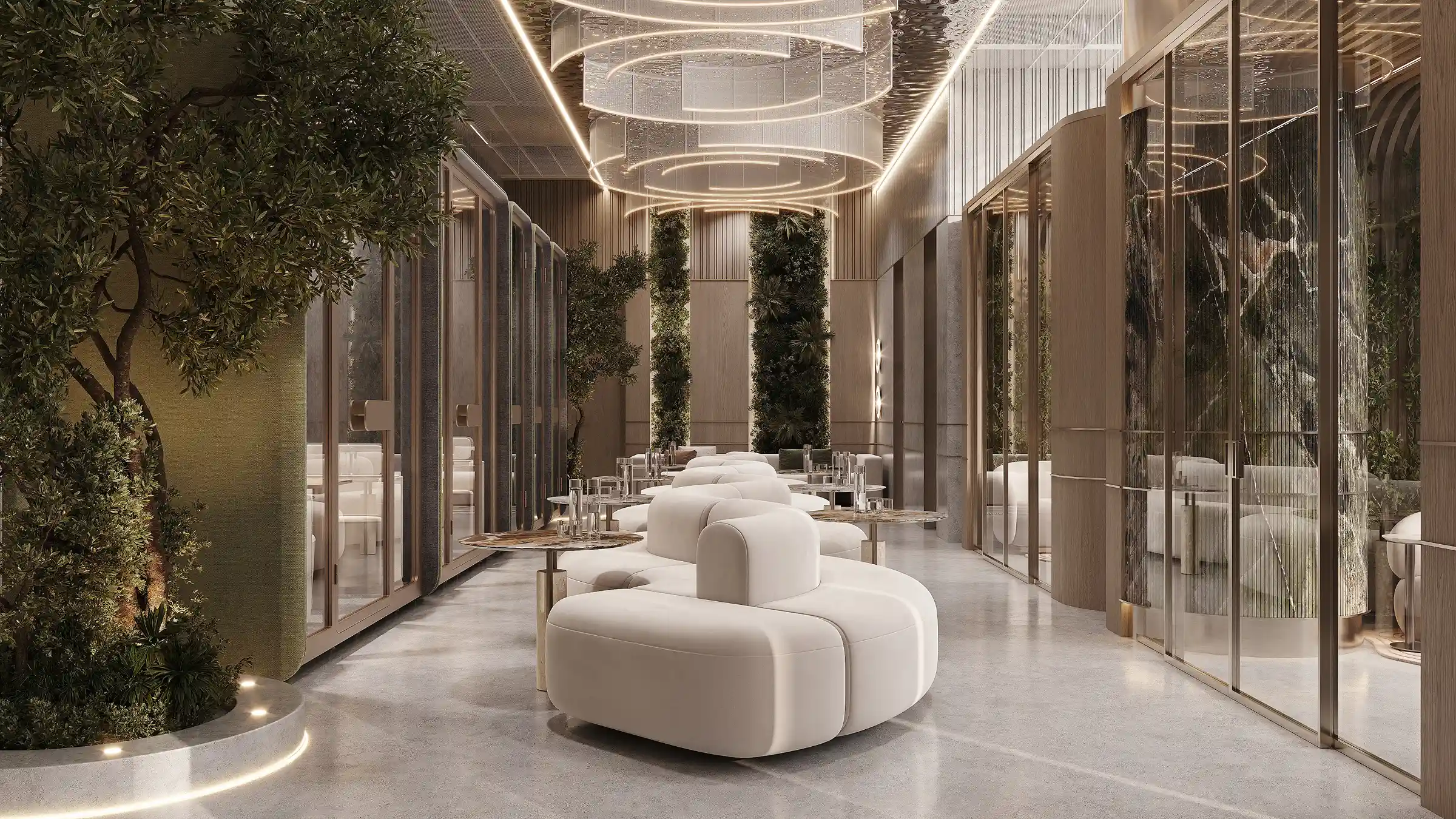 A premium collaborative zone with plush white seating, vertical gardens, and elegant circular lighting.