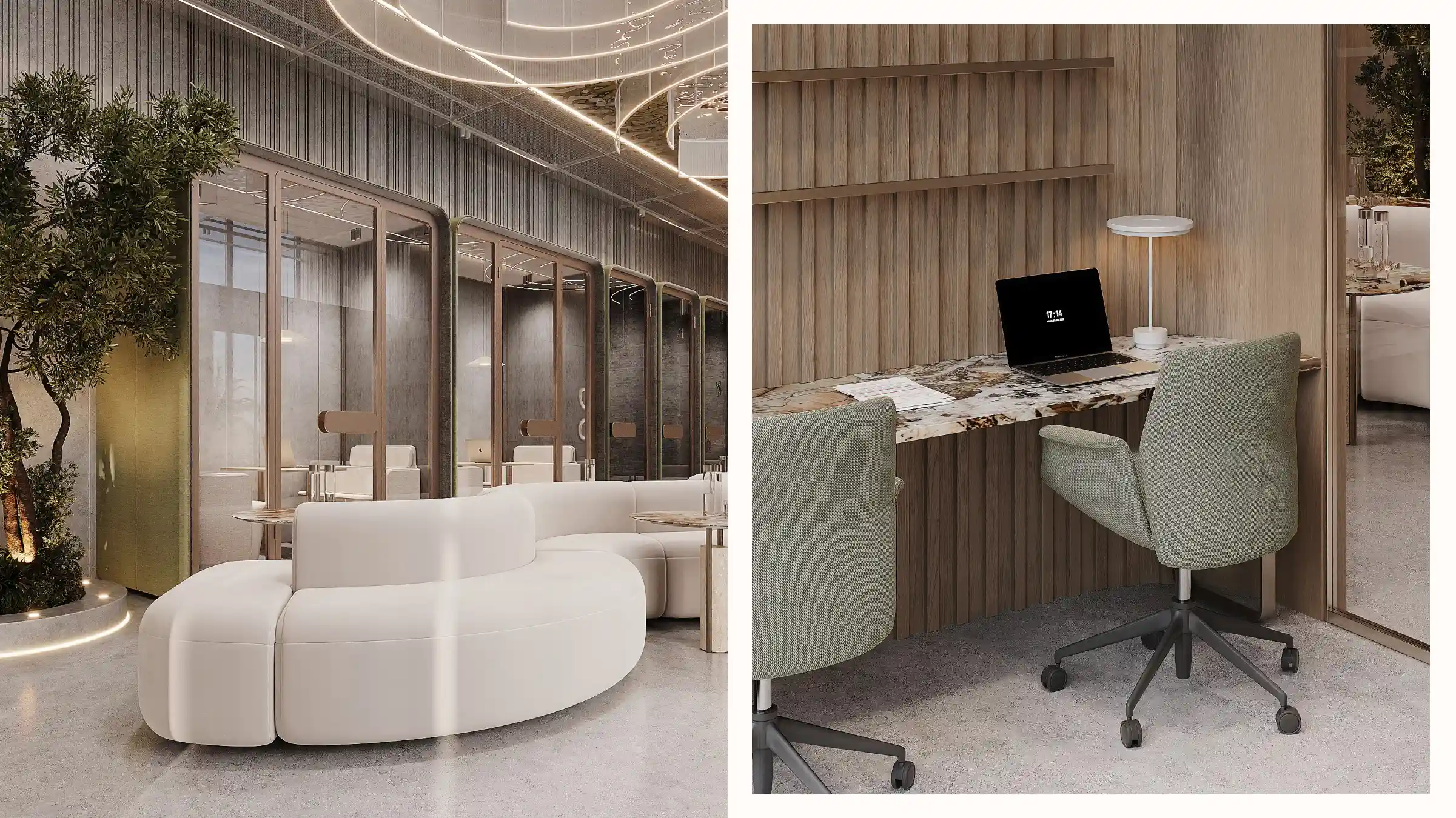 A refined work corridor with cozy seating clusters, natural stone accents, and abundant greenery.