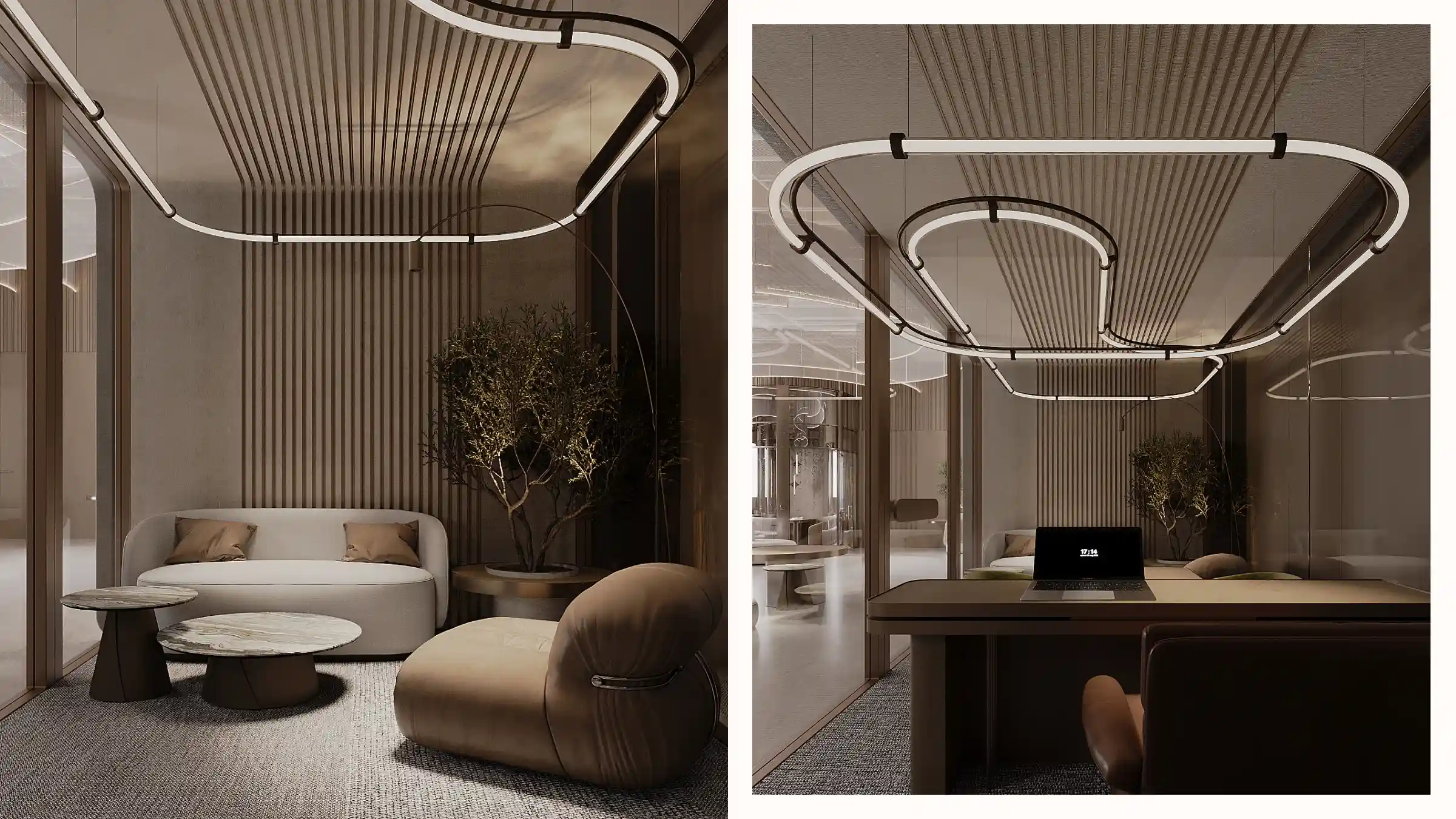 A tranquil meeting lounge combining textured walls, soft-toned furniture, and sculptural lighting.