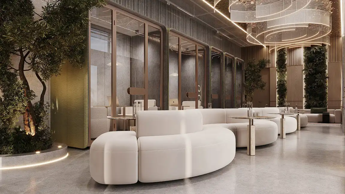 A minimalist private workstation with a marble-top desk, ergonomic chair, and warm wooden textures.