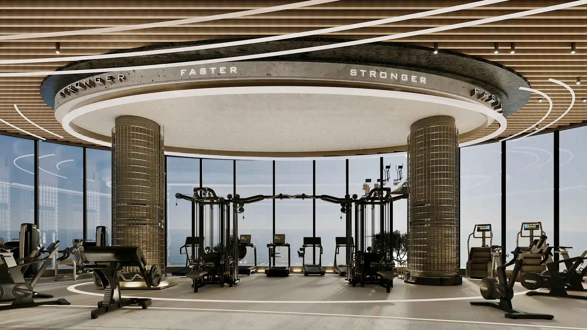 A state-of-the-art fitness arena with panoramic sea views, premium equipment, and a circular ‘Faster–Stronger’ performance zone.