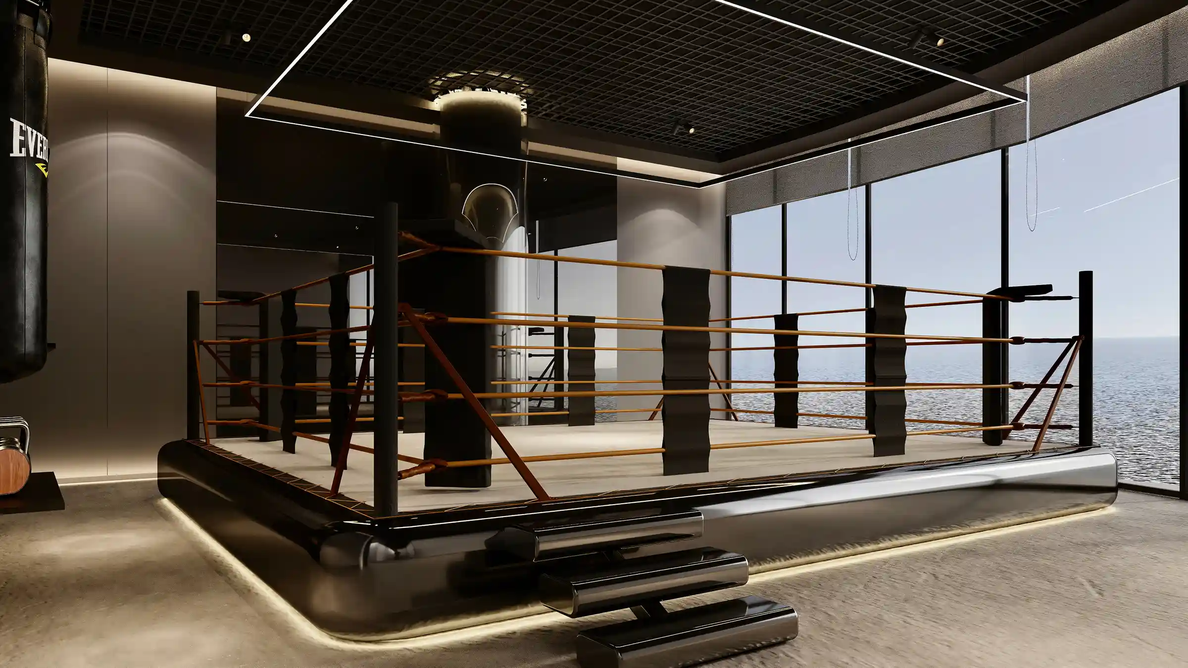 A professional boxing ring with ocean-facing glass walls, designed for dynamic training in a luxury atmosphere.