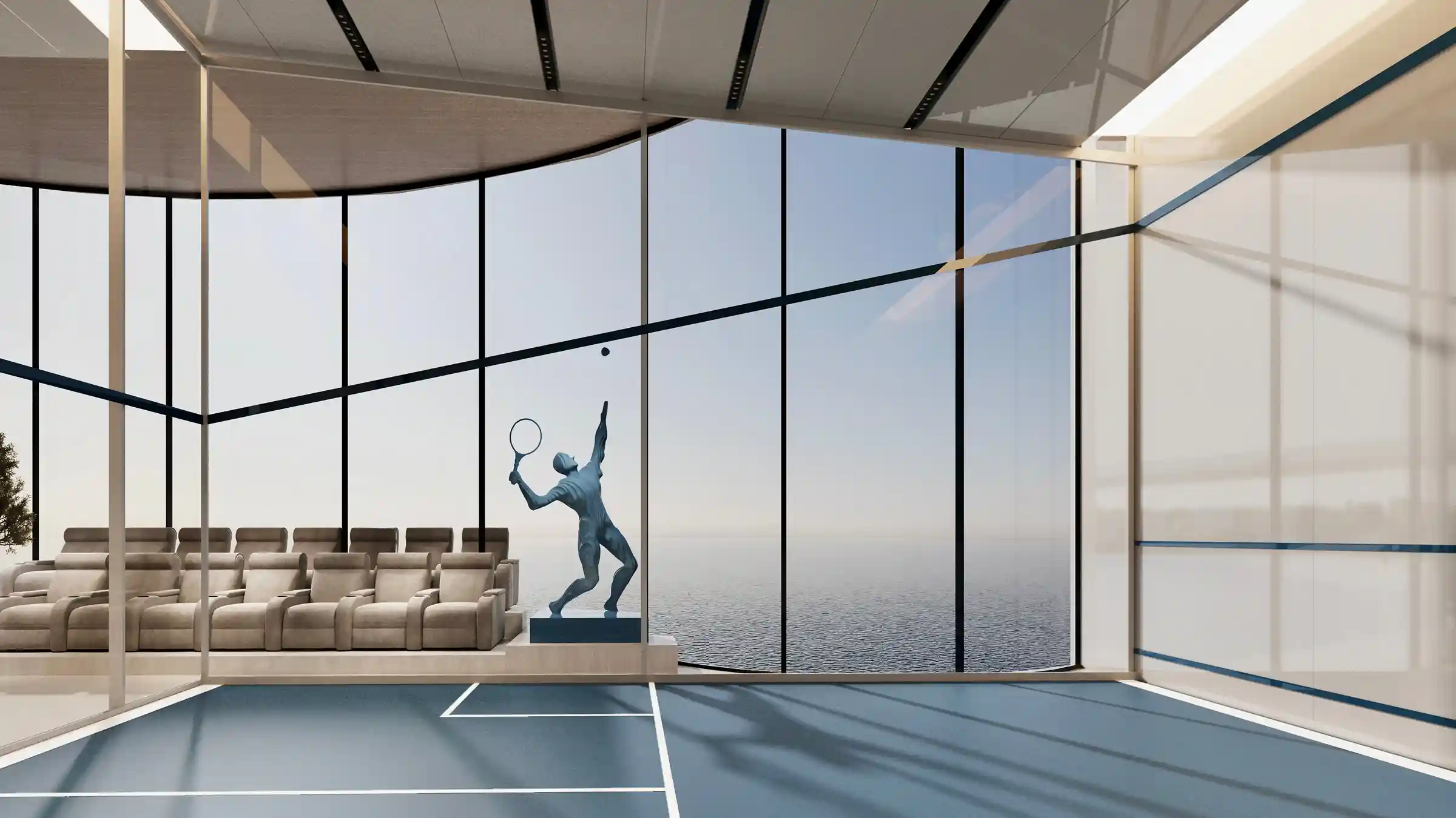An elevated indoor tennis court with spectator seating and floor-to-ceiling sea views for an exclusive sports experience.