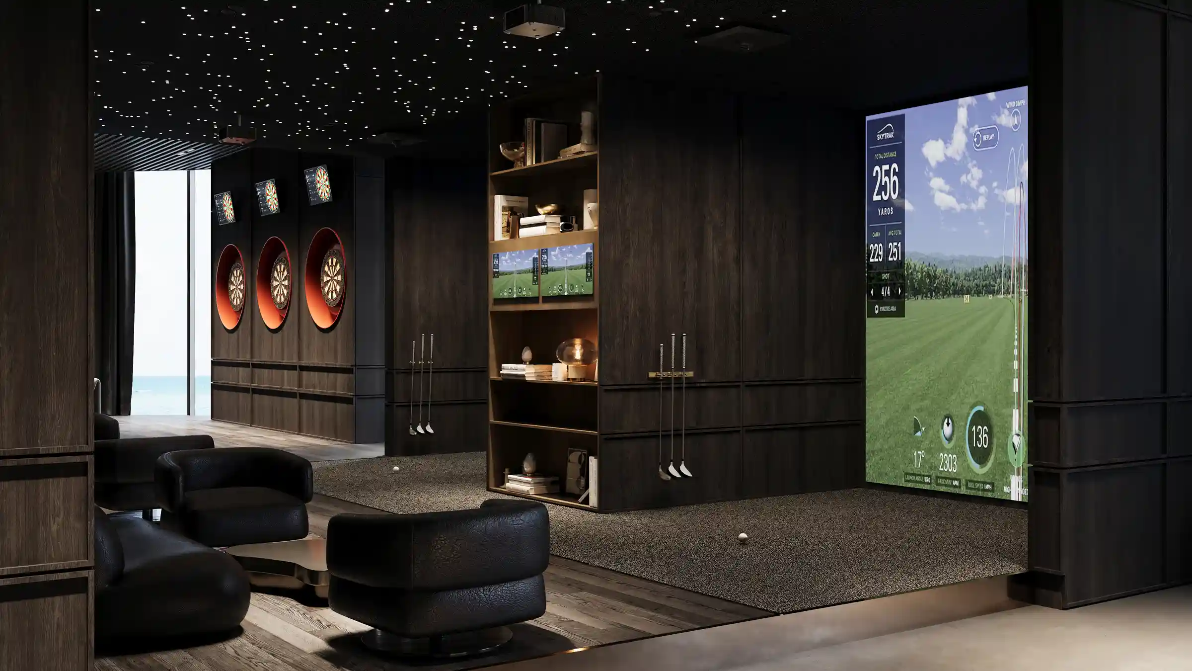 An exclusive game lounge with darts, golf simulators, and lounge seating in a dark, elegant atmosphere.
