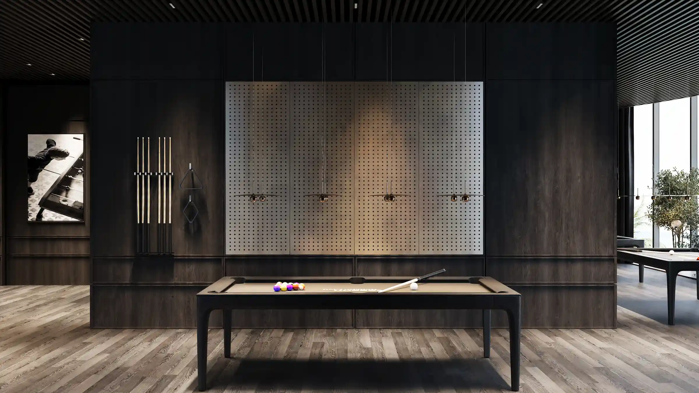 A premium billiards room designed with rich dark tones, minimalist lighting, and refined detailing.
