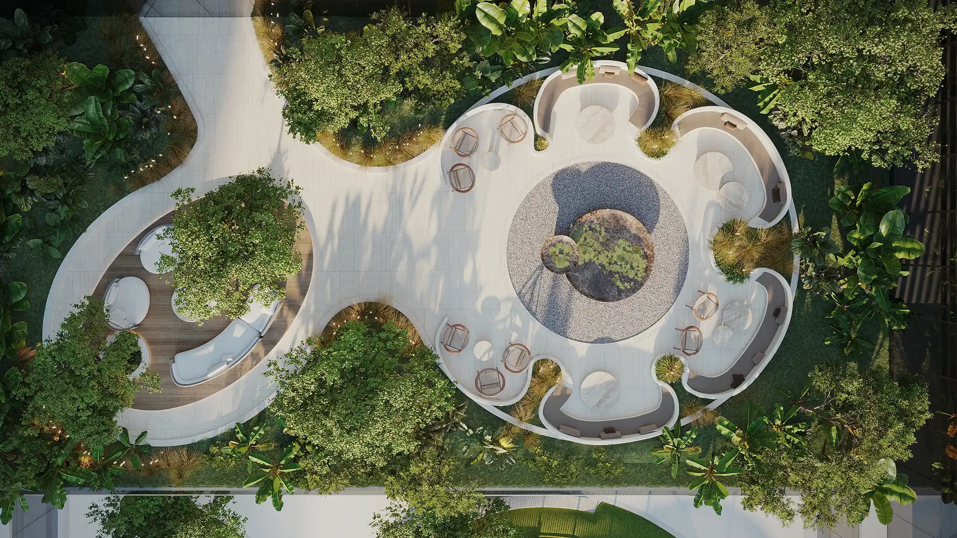 An aerial view of AMRA’s organic garden spaces, blending sculptural seating areas with flowing greenery.