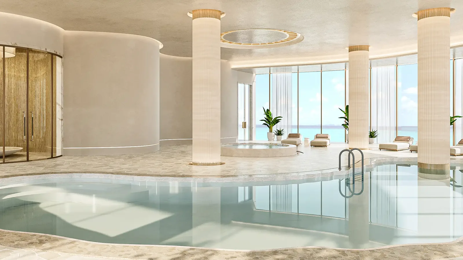 AMRA indoor wellness pool with panoramic water views