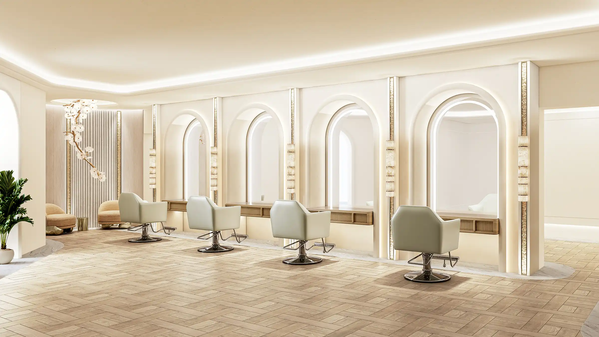 A premium salon space with illuminated arches, contemporary chairs, and a bright, soothing design.